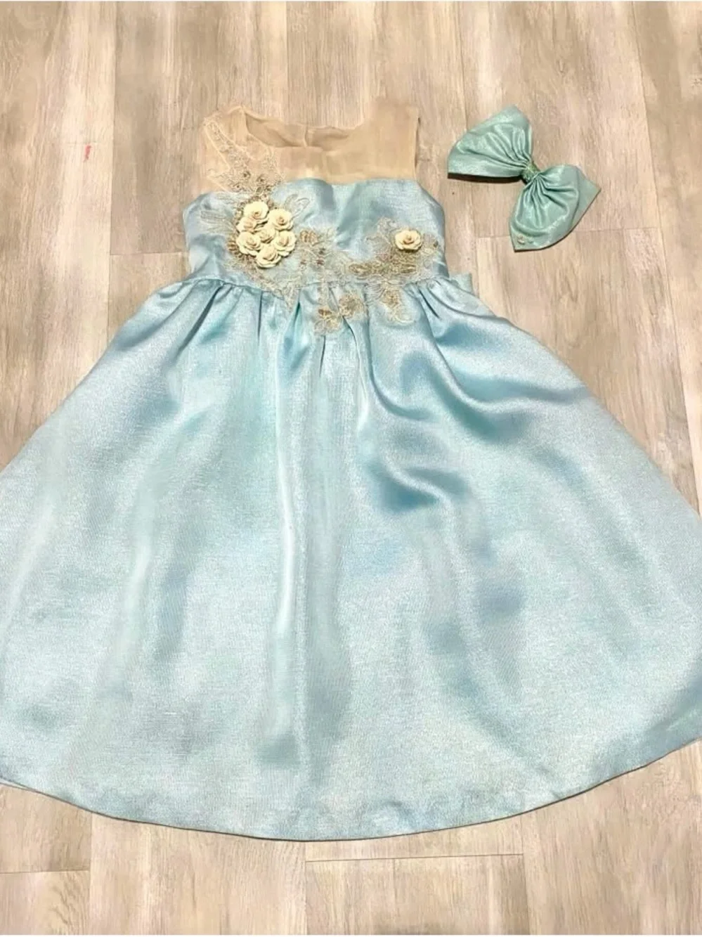 Girls Light Blue Floral Appliqué Party Dress with Bow